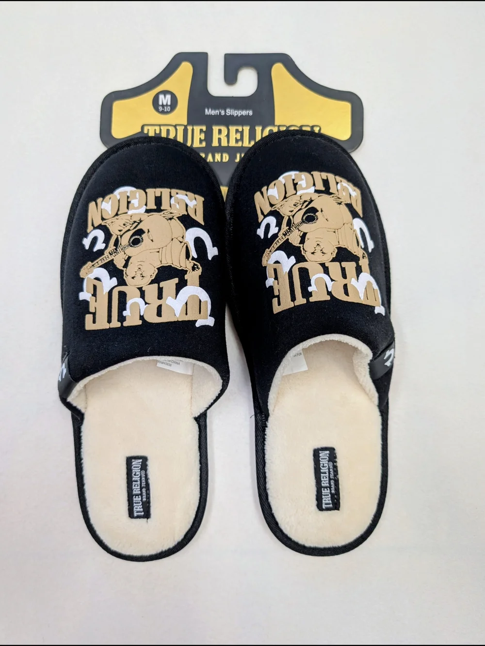 True Religion Men's Black Logo Slippers White Plush Lining NWT Size 9-10